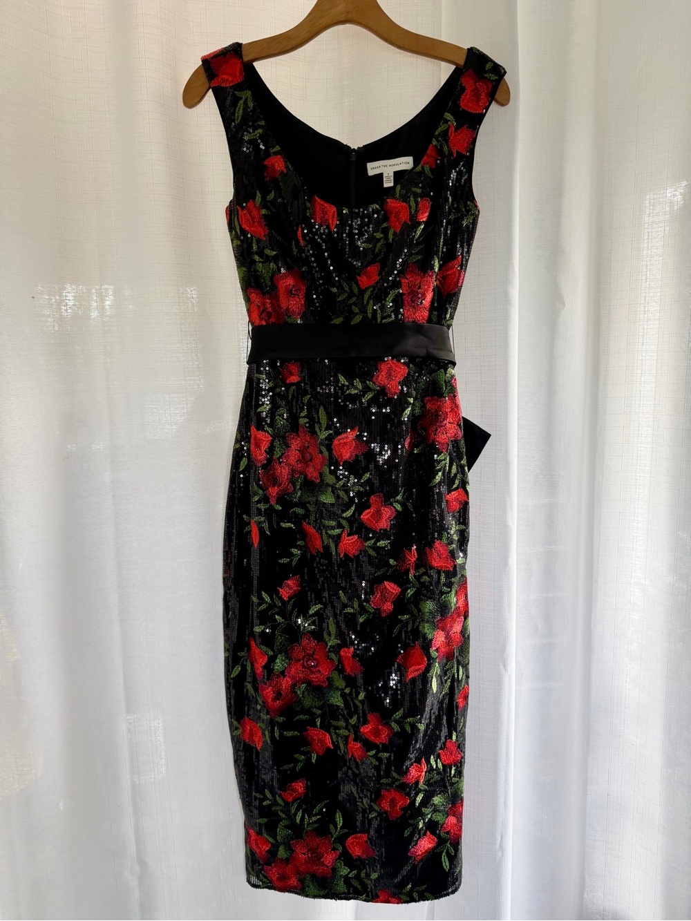 Dress the Population Black Sequin Floral Embroidered Bow Midi Dress Size S